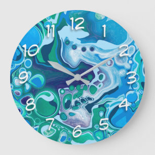 Grande Horloge Ronde Marbre numérique bleu et vert Fluide Art