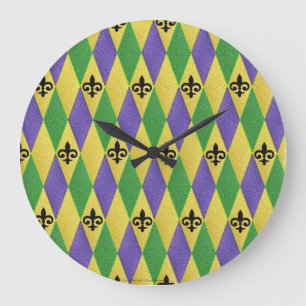 Grande Horloge Ronde Mardi Gras Arlequin Arlequin Fleur De Lis Mur Horl
