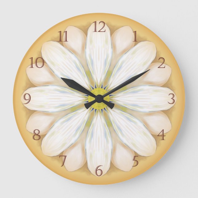 Grande Horloge Ronde Marguerites blanches sur jaune doré (Recto)