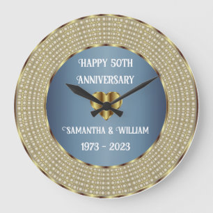 Grande Horloge Ronde Mariage bleu et or Dusty Anniversaire géométrique