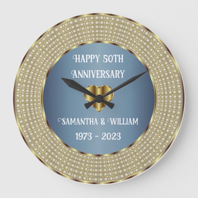 Grande Horloge Ronde Mariage bleu et or Dusty Anniversaire géométrique (Recto)
