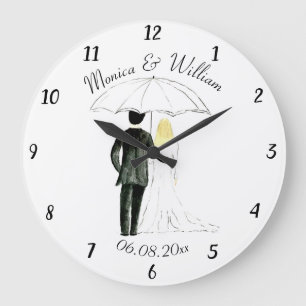 Grande Horloge Ronde Mariage couple Juste marié chic aquarelle