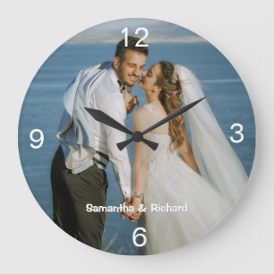Grande Horloge Ronde Mariage Minimaliste Une Photo Nom du Couple  