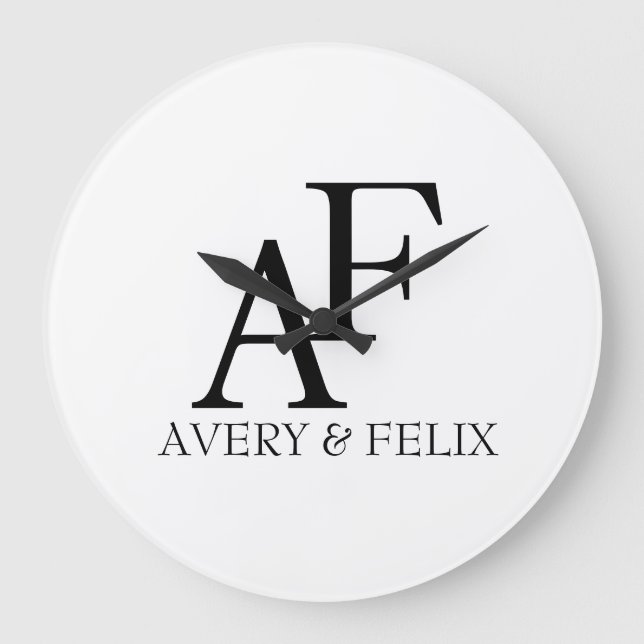 Grande Horloge Ronde Mariage Monogram noir et blanc Elegant invité (Recto)