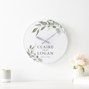 Grande Horloge Ronde Mariage vert Eucalyptus Gold Sage