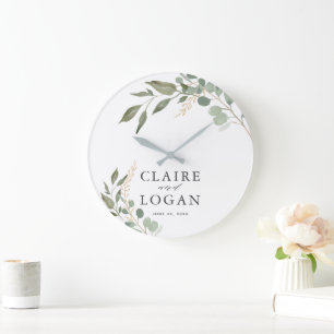 Grande Horloge Ronde Mariage Vert Sauge Or Eucalyptus