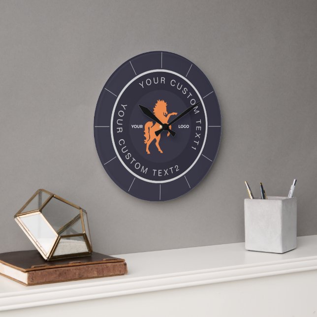 Grande Horloge Ronde Marine bleu logo Entreprise Personnalisé (Bureau)