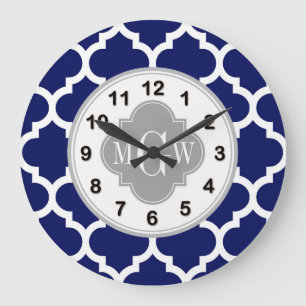 Grande Horloge Ronde Marine Bleu Marocain #5 Gris 3 Monogramme initial