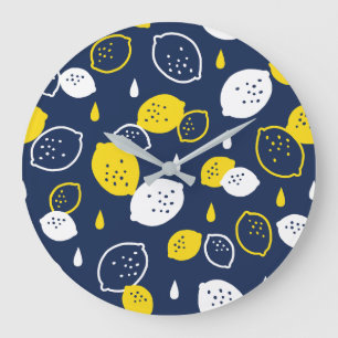 Grande Horloge Ronde Marine Blue Lemon Art - Refresh Citrus Design