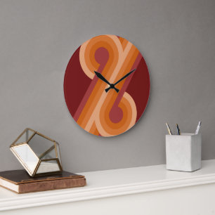 Grande Horloge Ronde Maroon foncé orange Cercles rétro rouge Motif d'ar