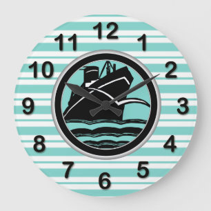 Grande Horloge Ronde Marqueurs DIY Art Déco bleu clair rayé blanc navir