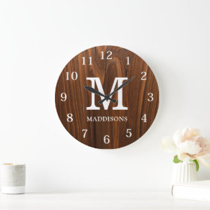 Grande Horloge Ronde Marron Bois Rustique Famille Nom personnalisé Mais