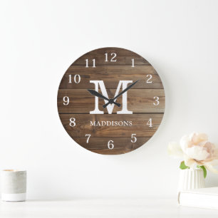 Grande Horloge Ronde Marron Bois Rustique Famille Nom personnalisé Mais
