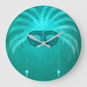 Grande Horloge Ronde Masque mascarisé en plumes élégant turquoise vinta