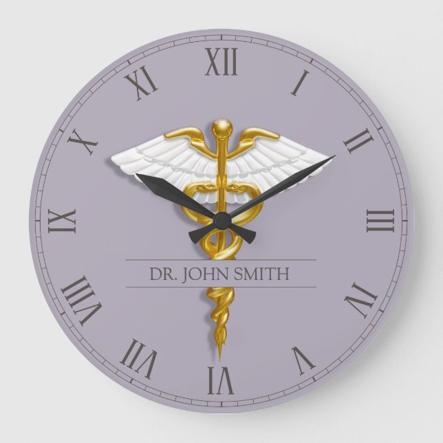 Grande Horloge Ronde Médicale Elegant Gold Caduceus ailes blanches (Recto)