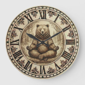 Grande Horloge Ronde Meditating Bear Wall Clock – Wood-Burned style 