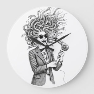 Grande Horloge Ronde Méduse Moderne Utilisant un Sèche-Cheveux Humour M
