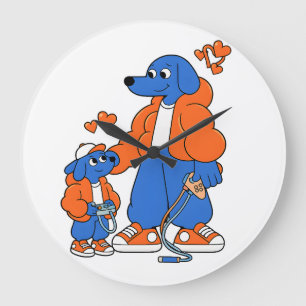 Grande Horloge Ronde Meilleurs amis : Duo de Blue Dog père et fils ( Or