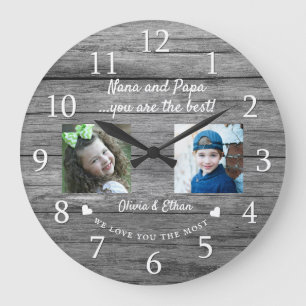 Grande Horloge Ronde Meilleurs petits-enfants Nana et Papa 2 Photo Bois