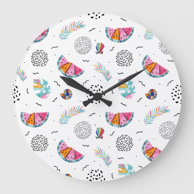 Grande Horloge Ronde Memphis Style Motif d'été tropical (Recto)