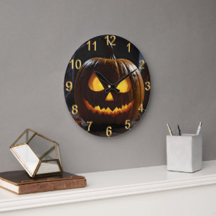 Grande Horloge Ronde Menacer Citrouille Halloween,