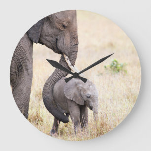 Grande Horloge Ronde Mère amour bébé éléphant