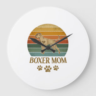 Grande Horloge Ronde Mère Boxer Chien Rétro Coucher de Soleil Empreinte