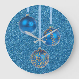 Grande Horloge Ronde Merry Christmas Blue Glitter Bauble Elegant