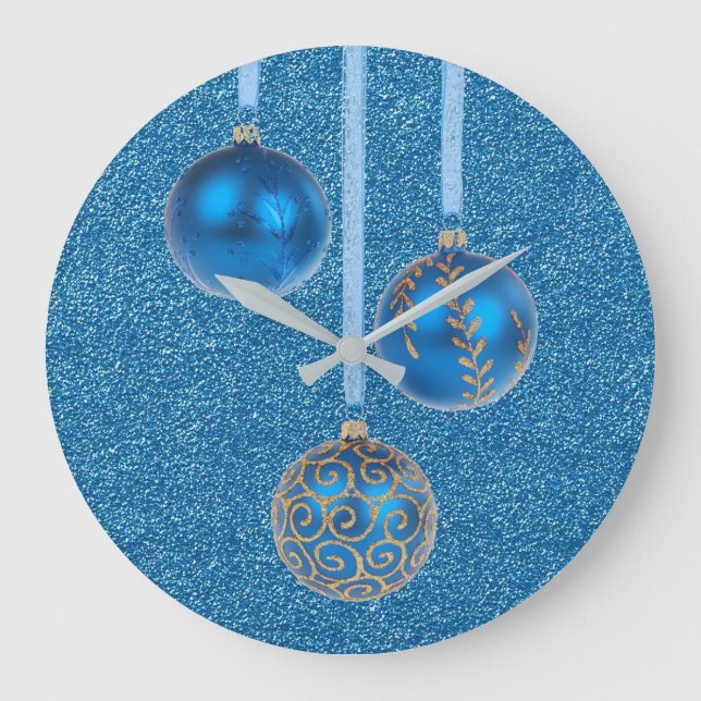 Grande Horloge Ronde Merry Christmas Blue Glitter Bauble Elegant (Recto)