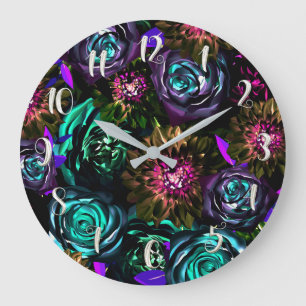 Grande Horloge Ronde Merveilleux Monde Sombre Glamour Floral Fleurs