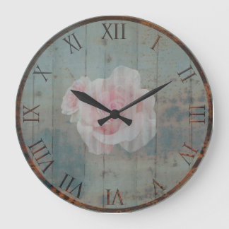 Grande Horloge Ronde Métal rouillé et Rose peint