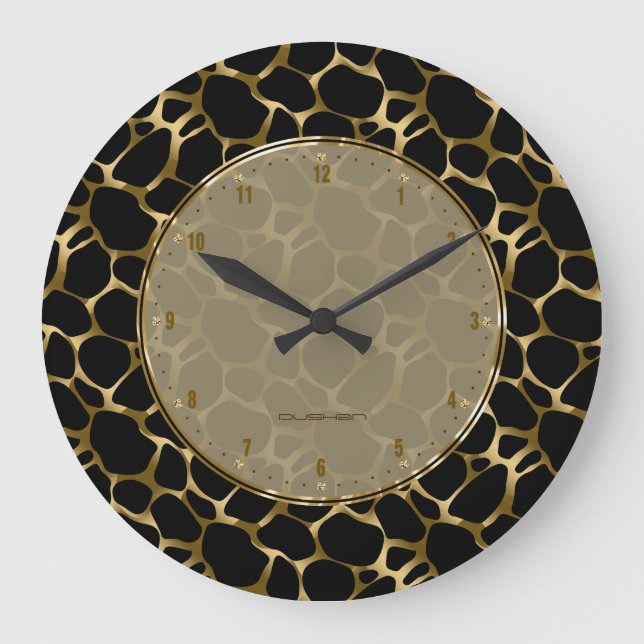 Grande Horloge Ronde Métallc Faux Gold & Black Leopard Print (Recto)