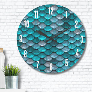 Grande Horloge Ronde Métallo Turquoise Turquoise de sirènes Motif