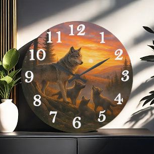 Grande Horloge Ronde Meute de loups au coucher de soleil doré