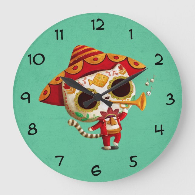 Grande Horloge Ronde Mexicain El mariachi Cute Cat (Recto)