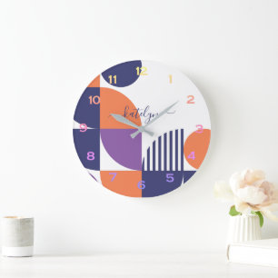 Grande Horloge Ronde Mi-siècle moderne bleu marine Blush Orange Motif