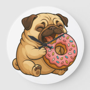 Grande Horloge Ronde Mignon donut de pug de dessin animé drôle qui mâch