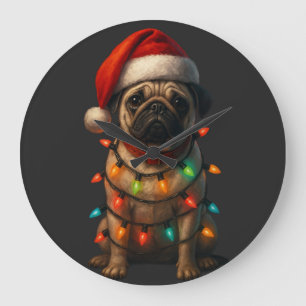 Grande Horloge Ronde Mignon petit Pug enveloppé de lumières de Noël por