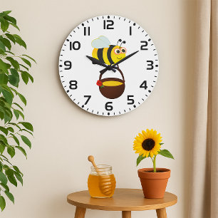 Grande Horloge Ronde Mignonne Bee transportant un pot de miel avec fleu