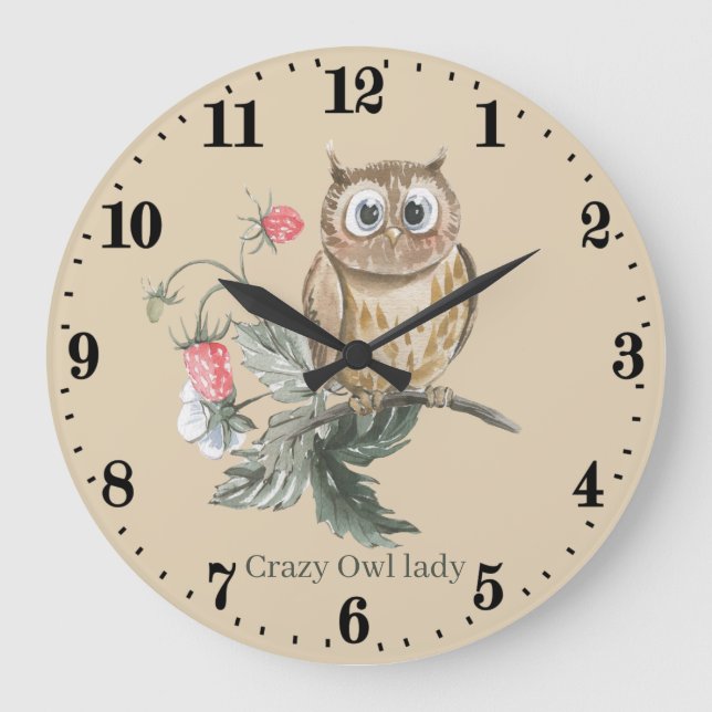 Grande Horloge Ronde mignonne dame de chouette folle ajouter du texte (Recto)