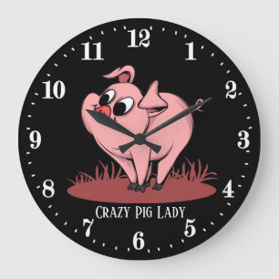 Grande Horloge Ronde mignonne dame de porc fou ajouter du texte 