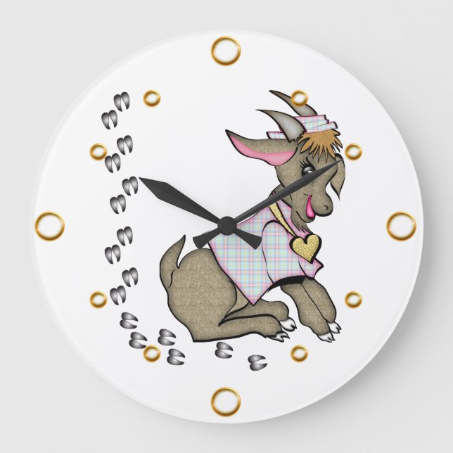 Grande Horloge Ronde Mignonne fille chèvre caricature cadenas (Recto)