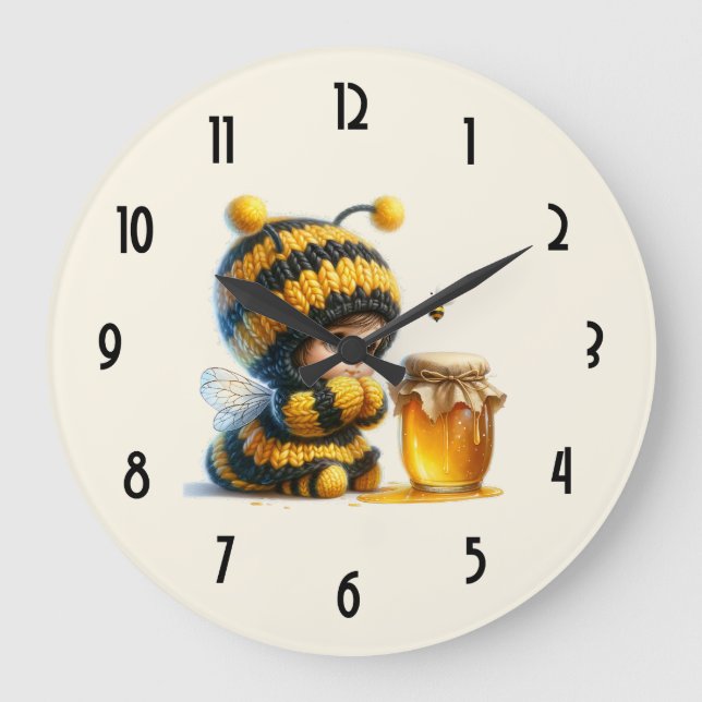Grande Horloge Ronde Mignonne fille en costume d'abeille avec miel (Recto)