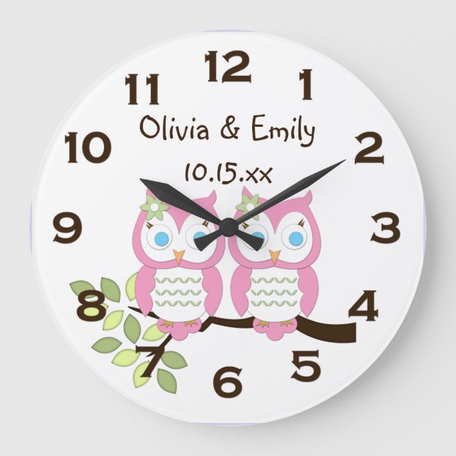 Grande Horloge Ronde Mignonne fille Whimsical Chouette Rose Twins Horlo (Recto)
