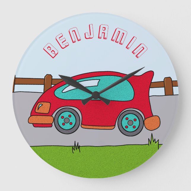 Grande Horloge Ronde Mignonne Red Car Road Nom du garçon Nursery (Recto)