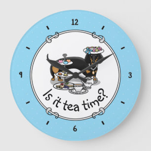 Grande Horloge Ronde Mignonne Tea Party Dachshund Dog (noir & bronzage)