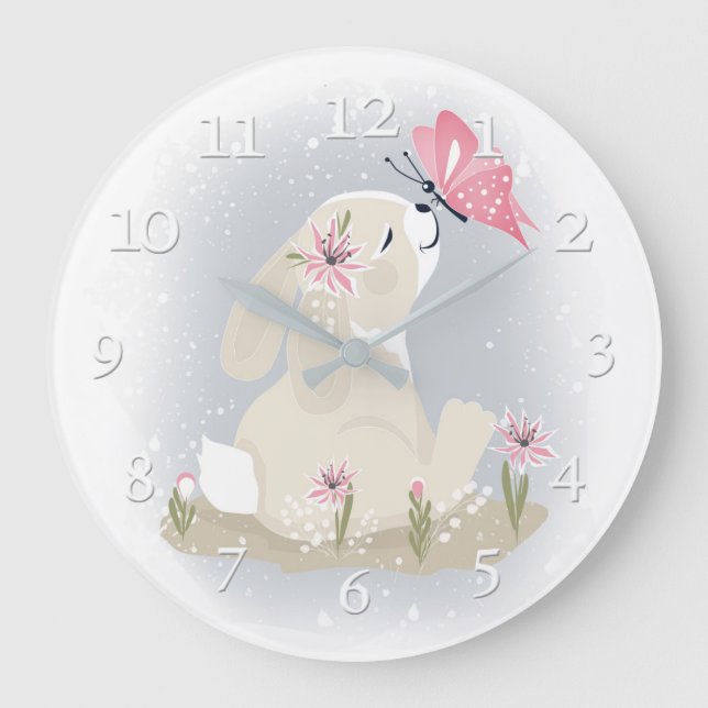 Grande Horloge Ronde Mignons lapin et papillon. (Recto)