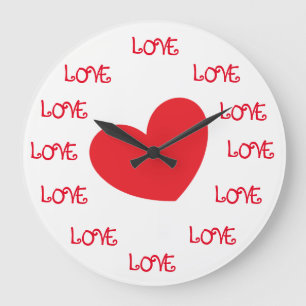 Grande Horloge Ronde Mignons Murs de coeur rouge et blanc AMOUR