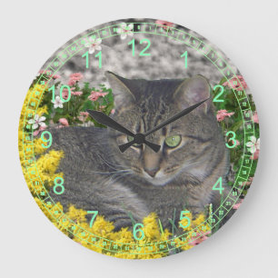 Grande Horloge Ronde Mimosa le chat tigre en Mimosa Fleurs