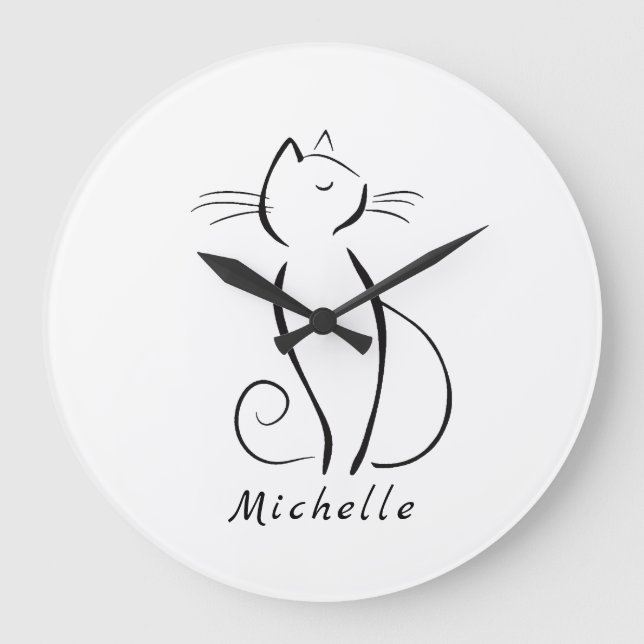 Grande Horloge Ronde Mini chat noir sur blanc ajouter nom (Recto)